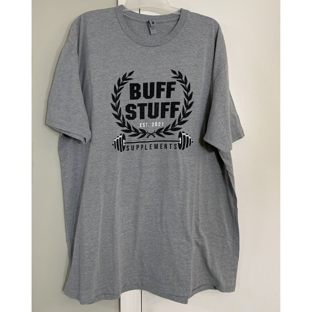 Mens Buff Stuff Next Level T Shirt Gray Weight Training Barbell